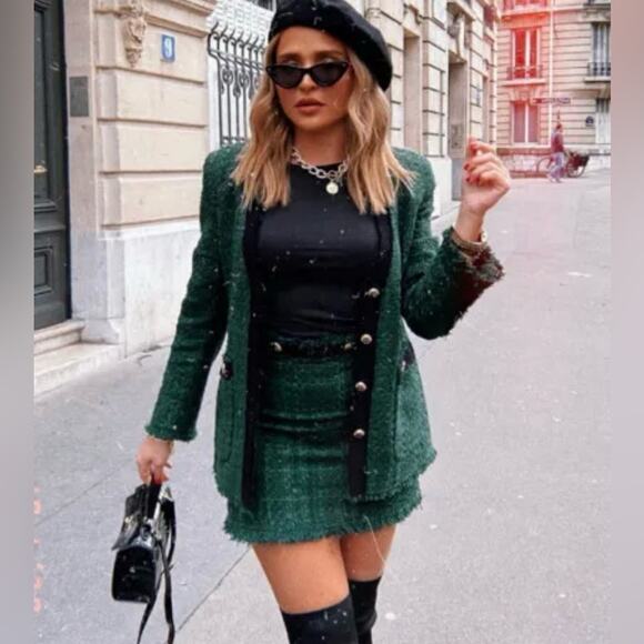 NWT Zara Green Black Trim Textured Tweed Button Blazer Jacket. Blogger fave. - Picture 6 of 13